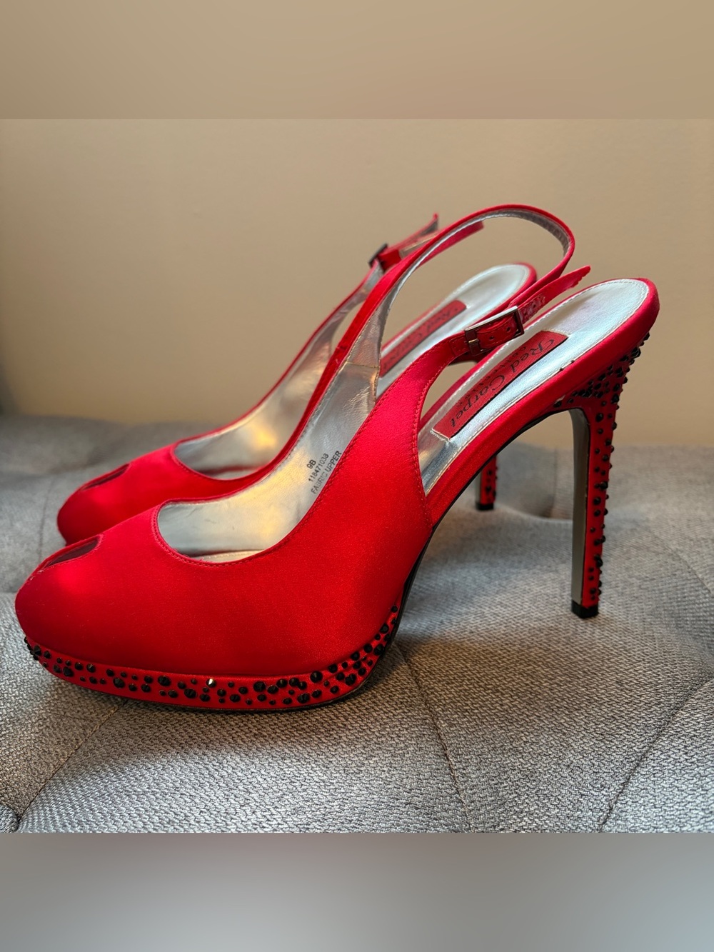 Red Carpet Slingback Peep-Toe High Heels with Rhinestone Trim